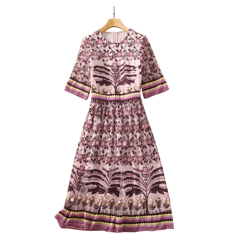 

Женское Сетчатое платье до колен, летнее фиолетовое платье большого размера с рукавом до локтя и цветочной вышивкой