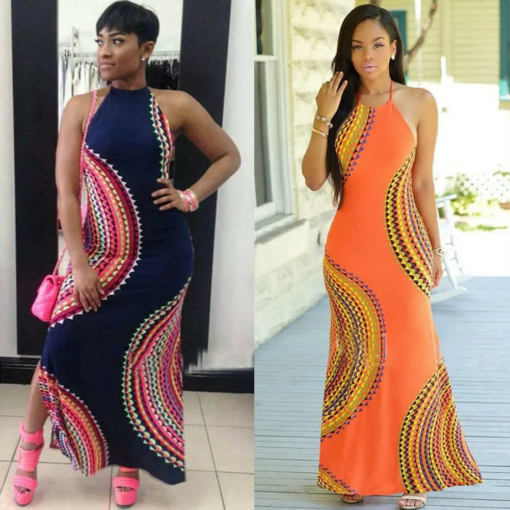 Новое модное женское платье с лямкой на шее вечернее без рукавов длинное принтом