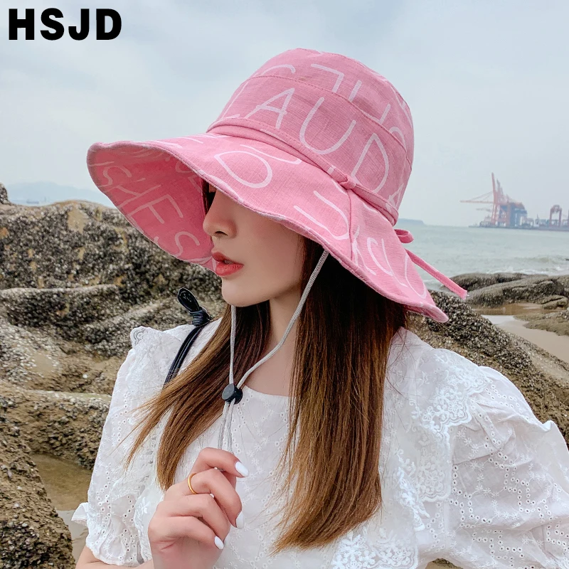 Fashion Letter Print Summer Women Sun Hats Floppy Bucket Cap Wide Brim Foldable Anti-UV Beach Caps Female Panama Fisherman hat