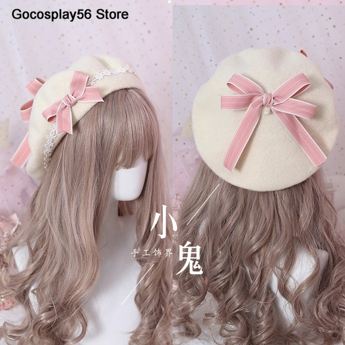 Beige and Pink 9 цветов береты Лолиты полушерстяная шапка для женщин и девочек с бантом в клетку в матросском стиле консервативный шик студенческие цветы кепки для взрослых - Цвет: Beige and Pink