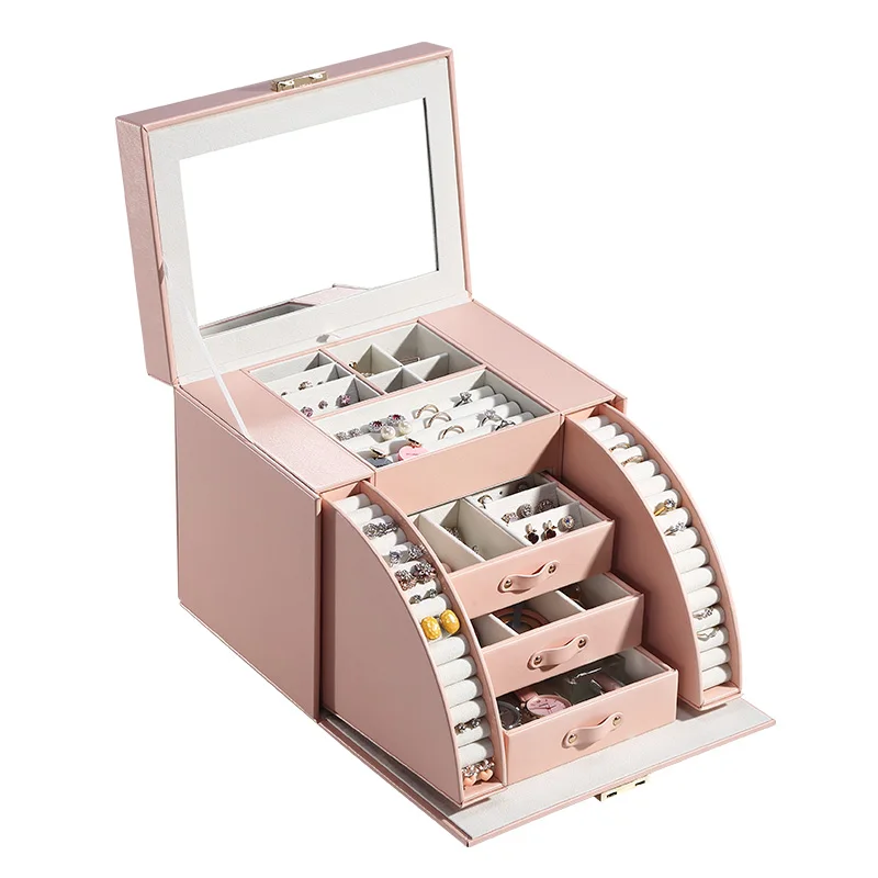 Casegrace Jewelry Box Luxury Large Drawers Organizer Women Earrings Ring Jewellery Gift Storage Case Display Casket With Mirror