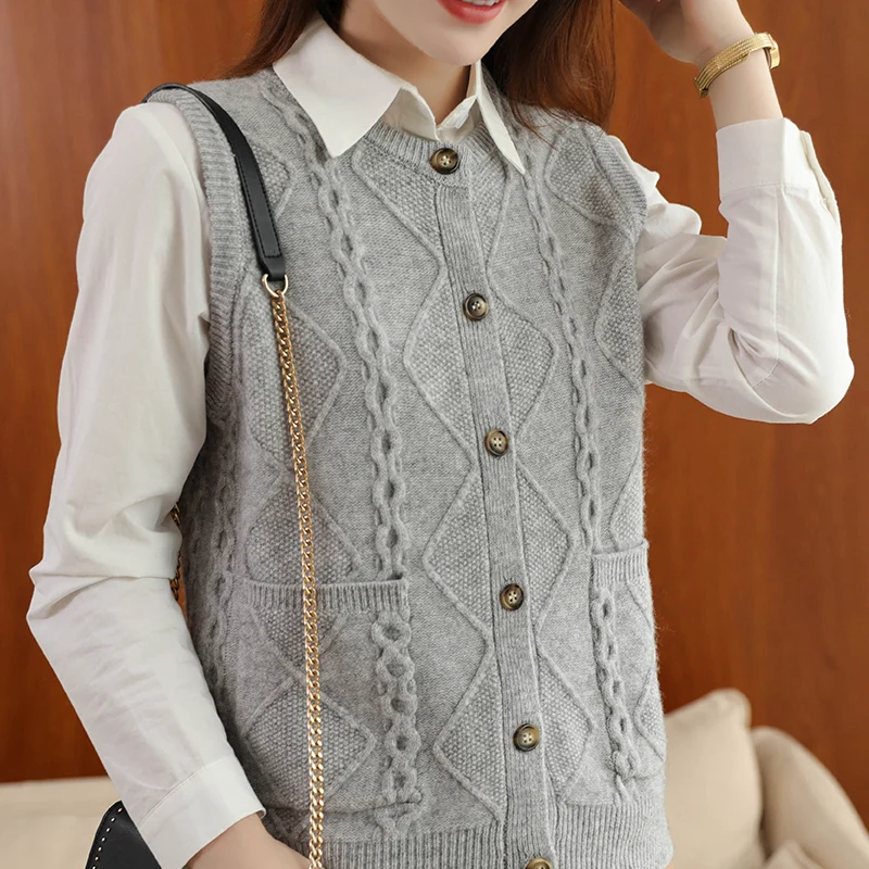 

BELIARST Spring and Summer New Wool Waistcoat Woman O-neck 100% Pure Wool Cardigan, Ladies Slim Waistcoat Knitted Base Sweater
