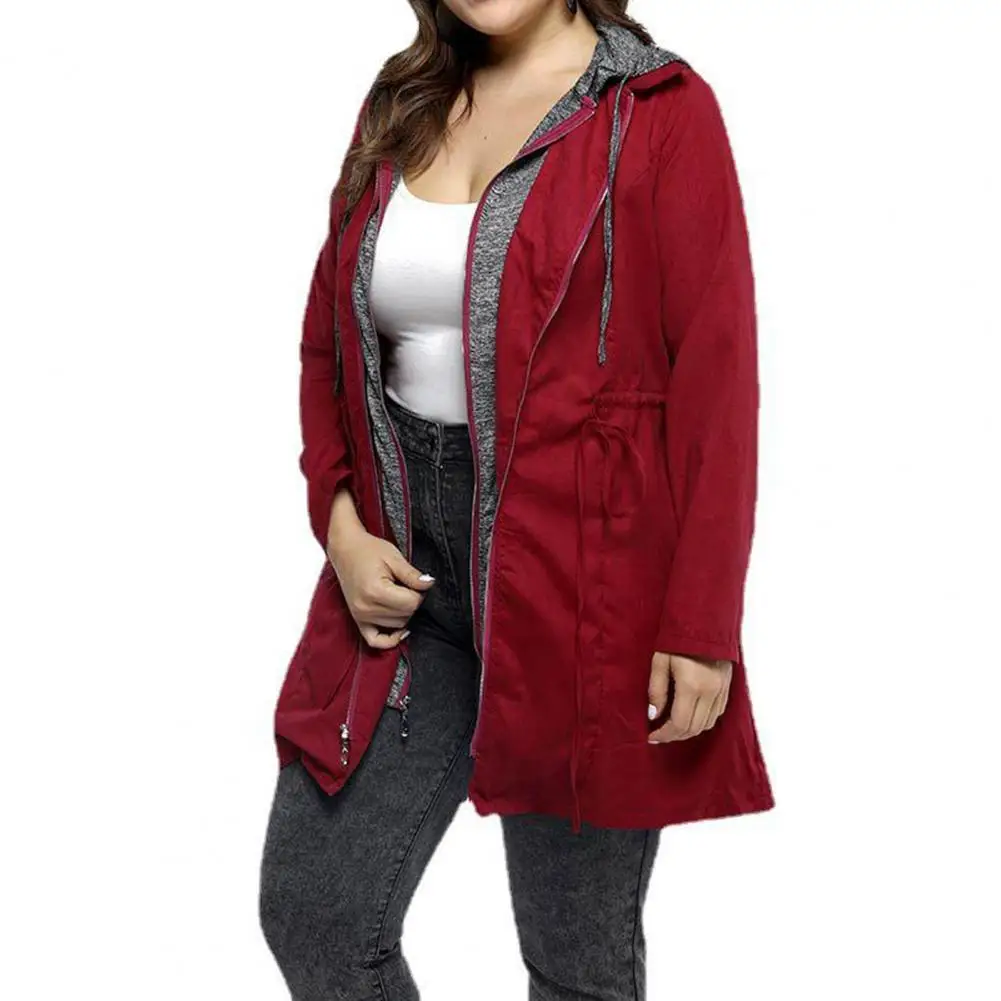 

Autumn Winter Women Jacket Coat Solid Color Drawstring Fake Two-piece Slim-Fit Hooded Double Zipper Jacket Sweatshirts Plus Size