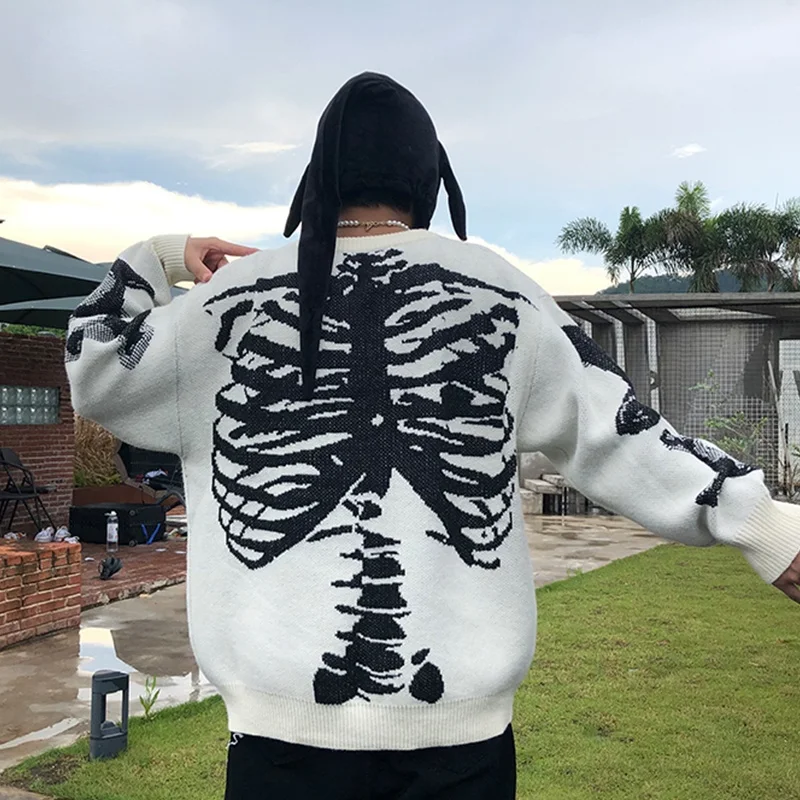 

Men Oversized Sweater Black Loose Skeleton Bone Print Women Vintage Retro Knitted Sweater Autumn Cotton Pullover Couples Unisex