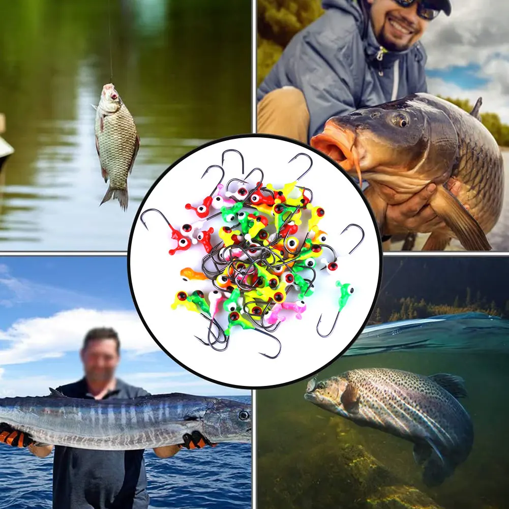 

Fishing Hooks Barbed Fish Lures Explosive Lead Head Hooks Sickle Jig Heads Mixed Color For Fishing 1.8g 50PCS Lure Fishing Hooks