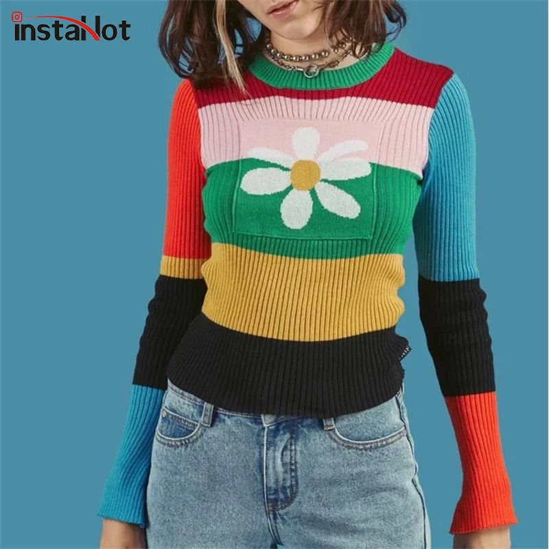 

InstaHot Striped Rain Bow Knitted Sweater Women 2018 Autumn Flower O Neck Elastic Stretchy Sweater Cotton Tops Multicolor Winter