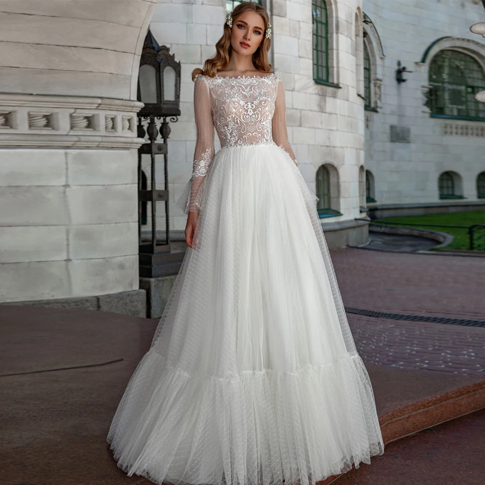 

Elegant Tulle Wedding Dresses A-Line Boat Neck Pearls Appliques Sashes Full Sleeve Button 2021 Ball Bride Gowns Vestido De Noiva