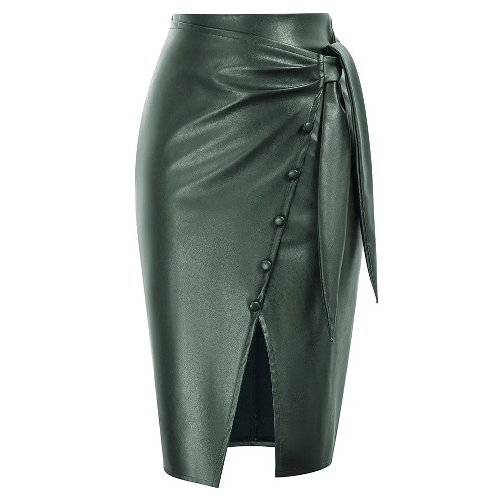 

Женская юбка-карандаш из ПУ кожи, с завышенной талией и разрезом спереди