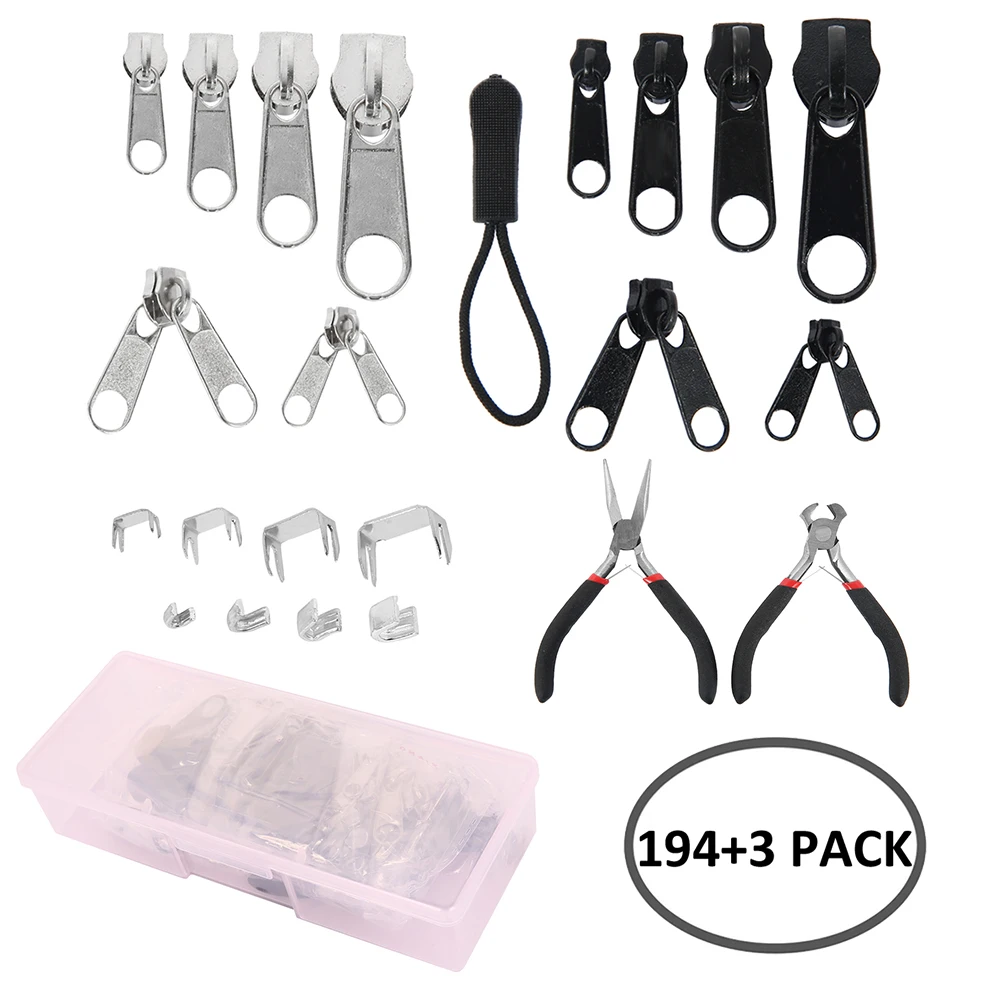 197pcs/set Zipper Replacement Head Zipper Repair Kit Install Plier Metal Lock Zip Slider Tools Pull Garment Accessories