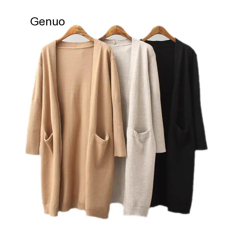 Длинный кашемировый женский кардиган цвета хаки однотонный вязаный свитер