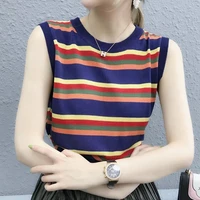 round neck stripe sleeveless tank tops women summer new korean style chic sweet cropped top ladies clothing knit waistcoat y857