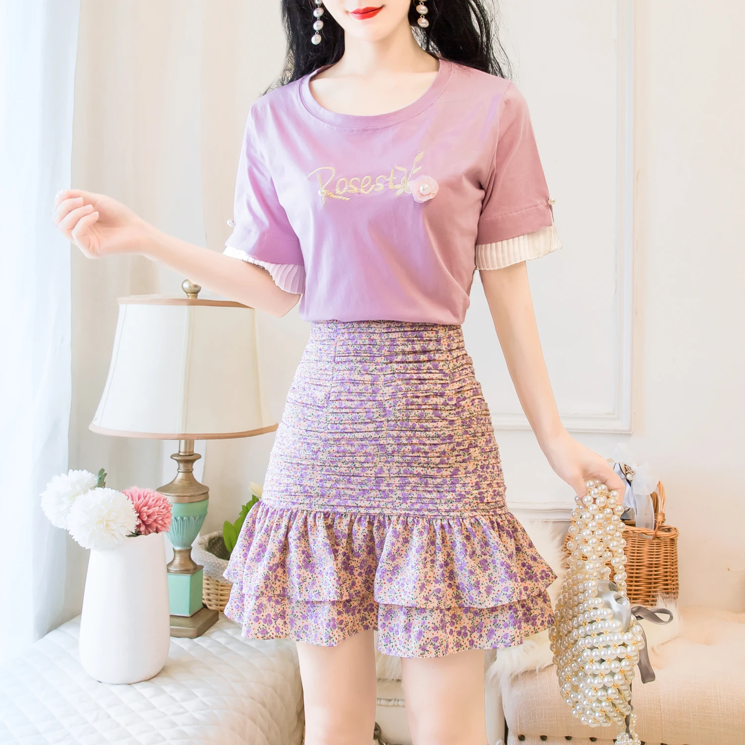 

Женский костюм с вышивкой, футболка с круглым вырезом и коротким рукавом + юбка с высокой талией и цветочным принтом, костюм принцессы, лето ...