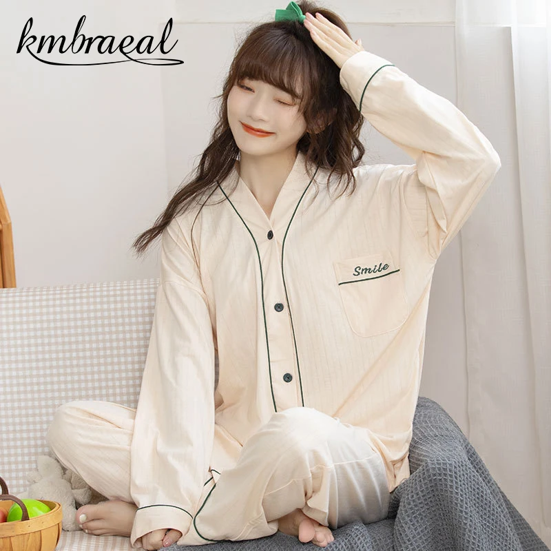 

Pajamas Spring and Autumn Japanese Kimono Female Cotton Nightgown Loose Long Sleeve Trousers Household To Take Lovely Big Yards