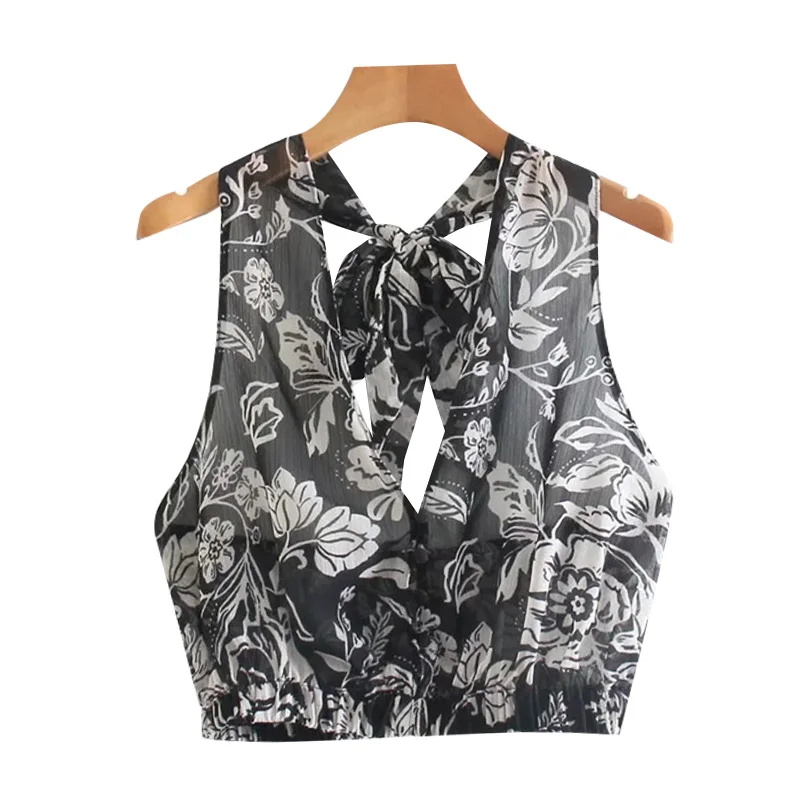 

Baldauren 2021 Women Sexy Fashion See Through Floral Print Cropped Blouses Vintage Bow Tied Elastic Hem Female Shirts Chic Tops
