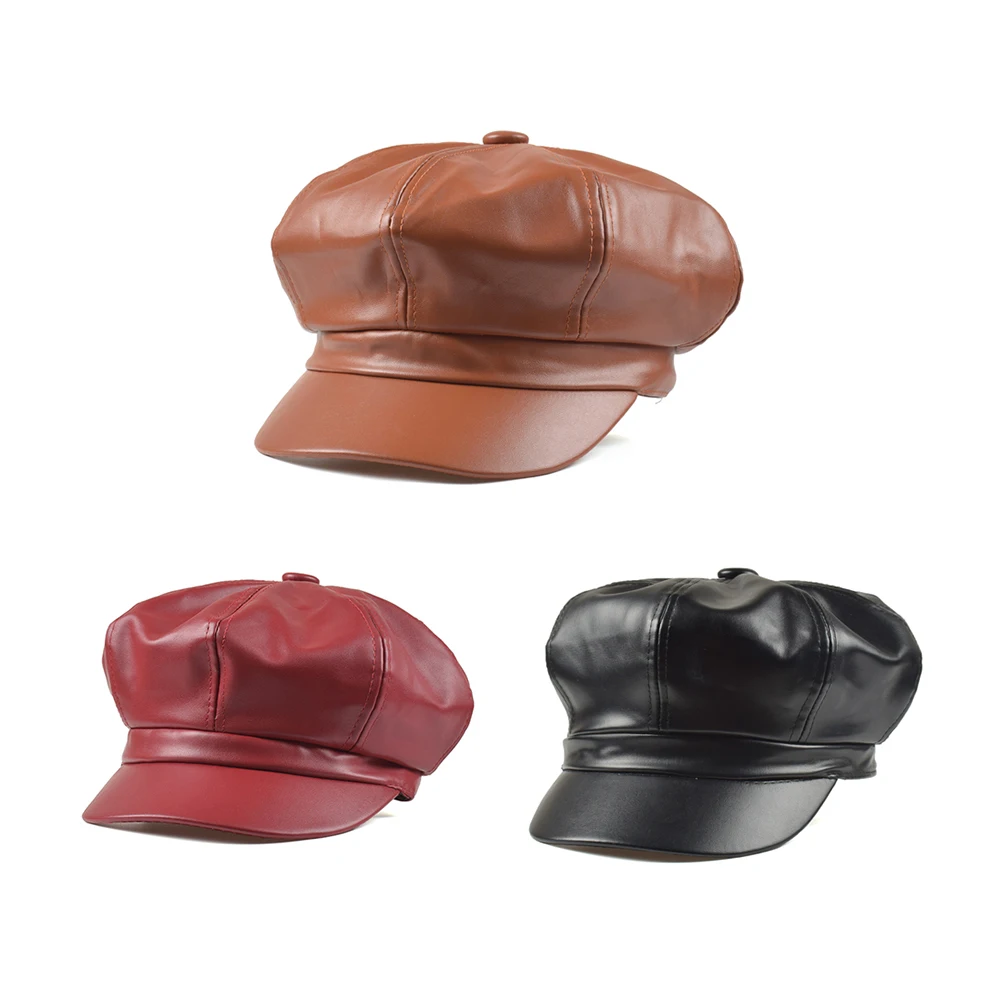 

KLV Women Fashion Solid Color PU Leather Octagonal Cap Fashion Autumn Winter Caps Male Female Casual Vintage Hats Accessories
