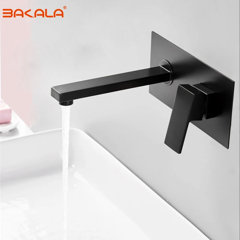 

Роскошный Матовый черный смеситель для ванной комнаты BAKALA, настенный квадратный латунный Смеситель для раковины