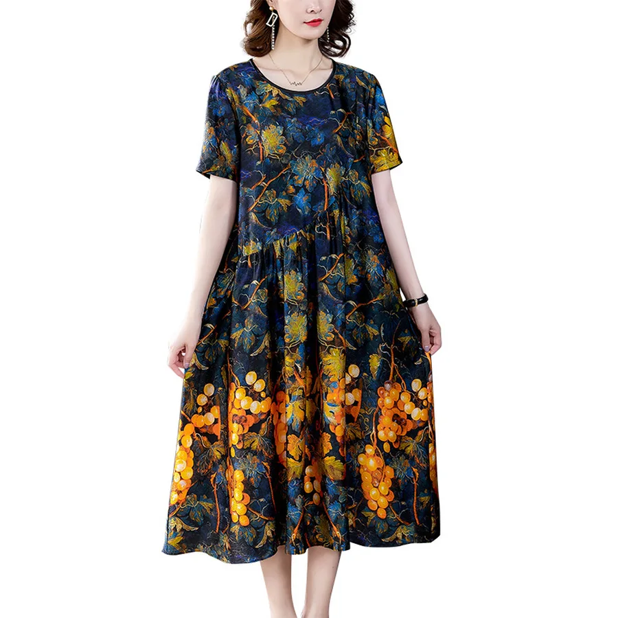 

2021 Vintage Yellow Floral Mulberry Silk Midi Dress Summer Fashion Plus Size Runway Dresses Elegant Women Bodycon Party Vestidos