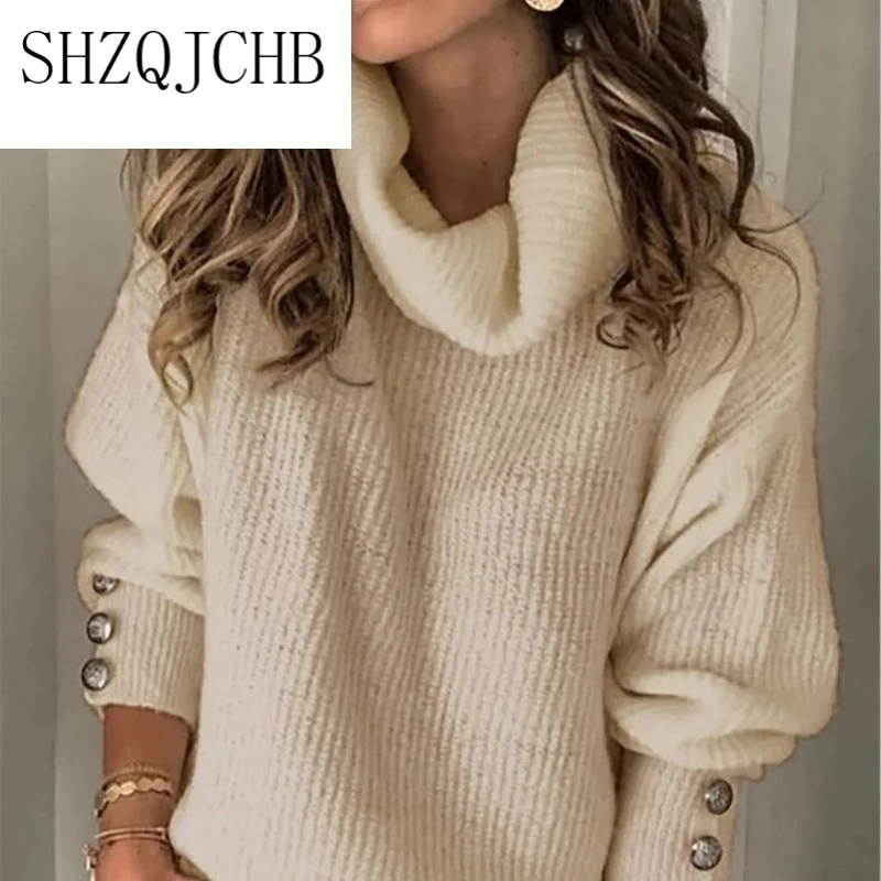 

JCHB Fashion Autumn Winter Warm Solid Color High Collar Pullovers Knitted Sweater Women Wool Knitwear Clothing Plus Size