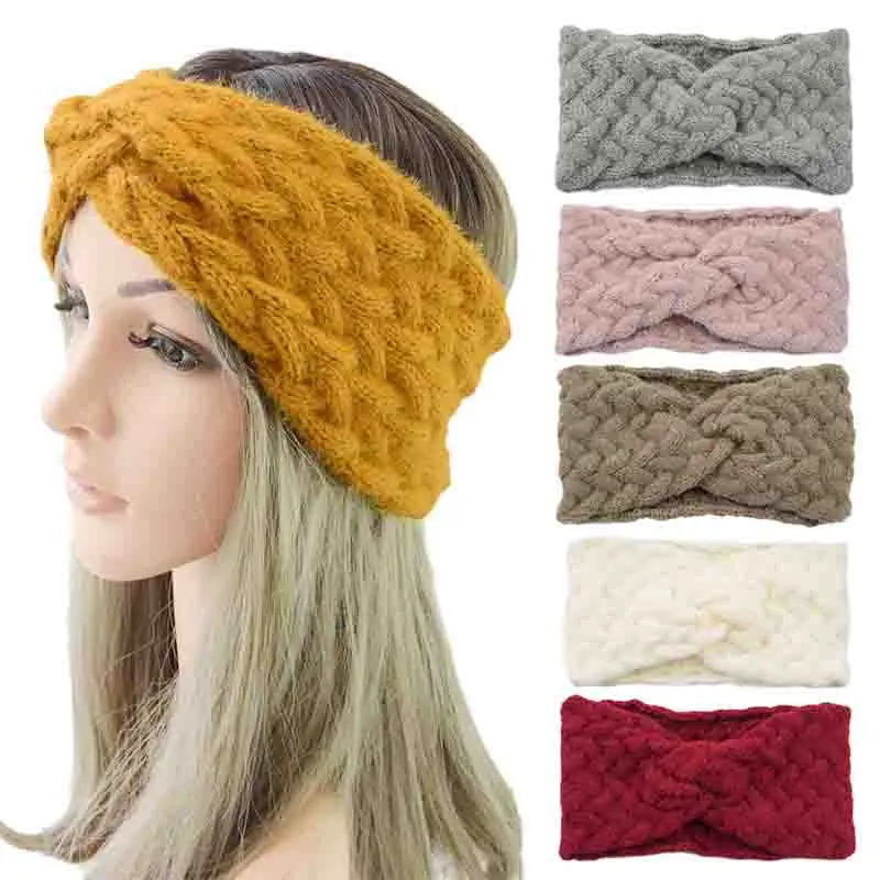 

Winter Crochet Knitted Hair Ribbon Women Warmer Headbands Twist Cross Hairband Soft Wide Hair Bands Autumn Hair Accessories