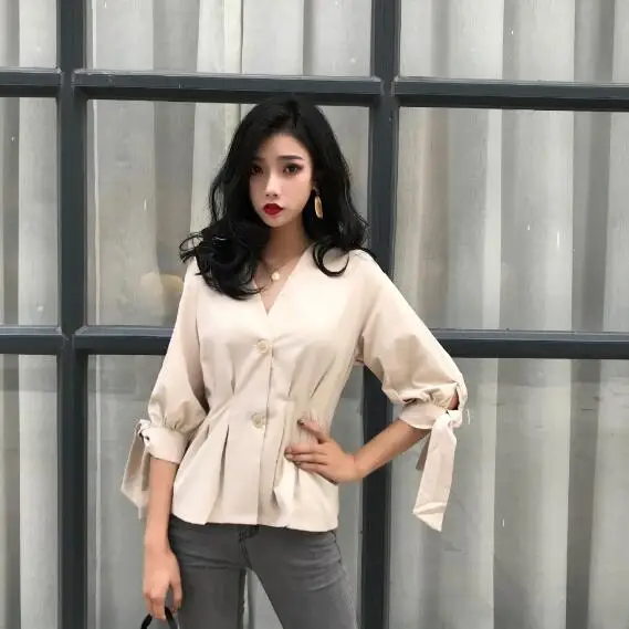 Женские кружевные топы и блузки для офиса OL с длинным рукавом v образный вырез