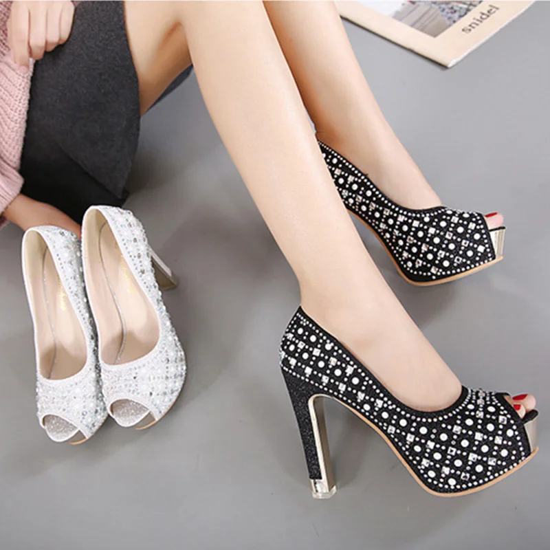 

Crystal Peep Toe Heels Wedding Shoes Women Bead Slip on Woman Pumps Glitter Riverts Bridesmaid Super High Heels Platform Shoes