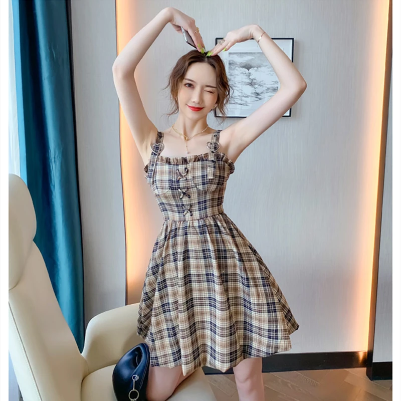 

Sleeveless Spaghetti Strap Plaid Summer Women's Dress Harajuku Love Metal Buckle Bandage Ruffle Slim Waist Korean Short Dresses