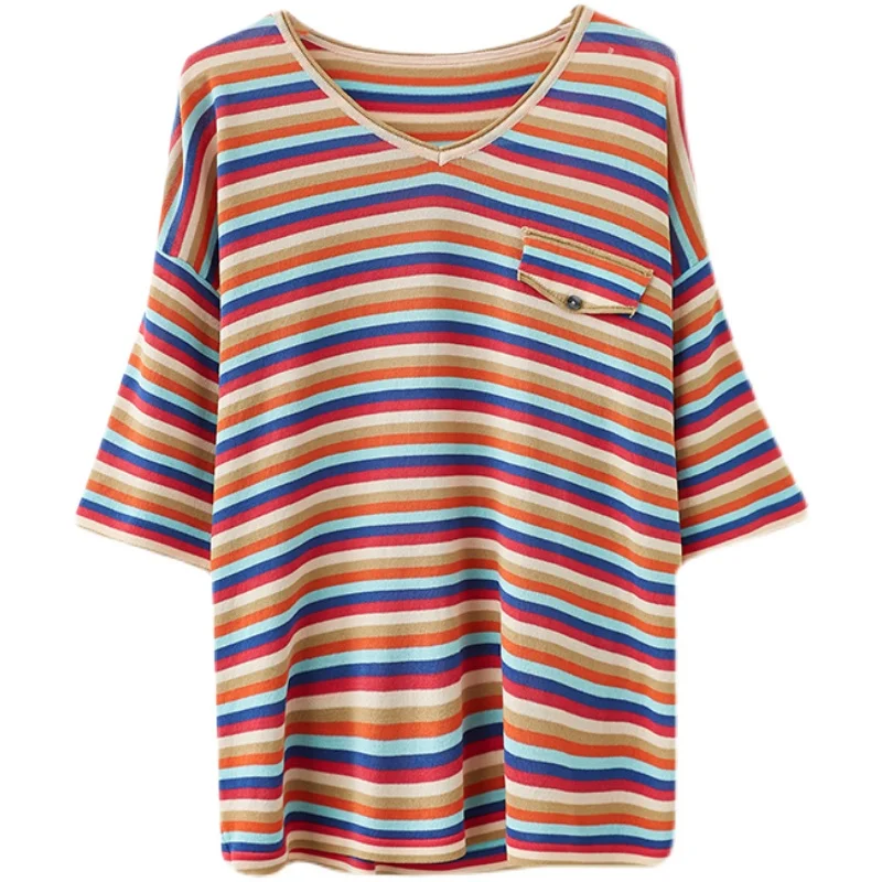 

Casual Rainbow Striped Sweater Summer Artistic Large Size Loose Elastic V-neck Slimming Short Sleeve T-shirt Pullover Top