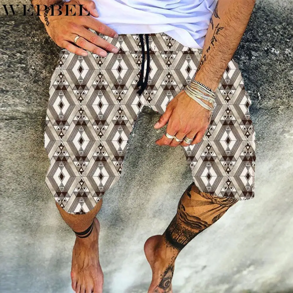 

WEPBEL Men's Ethnic Style Geometry Printed Casual Aloha Hawaiian Shorts Summer Casual Quick Dry Swim Trunks Beach Shorts