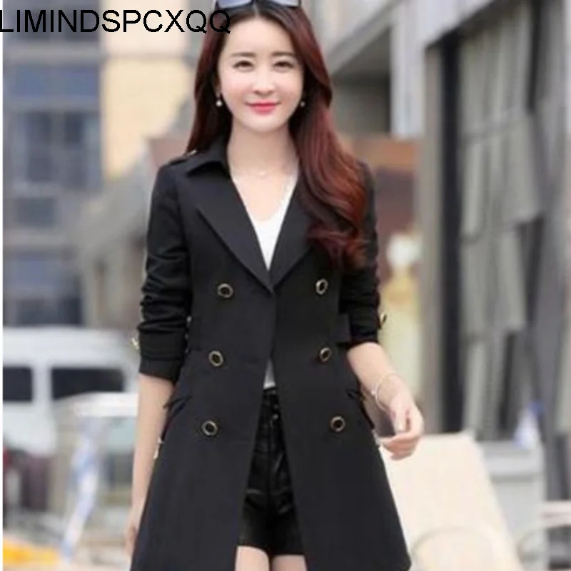 

2021 Spring Autumn Ladies Windbreaker Fashion Korean Style Long Coat Double-Breasted Slim Slimming Plus Size Commuting Clothes