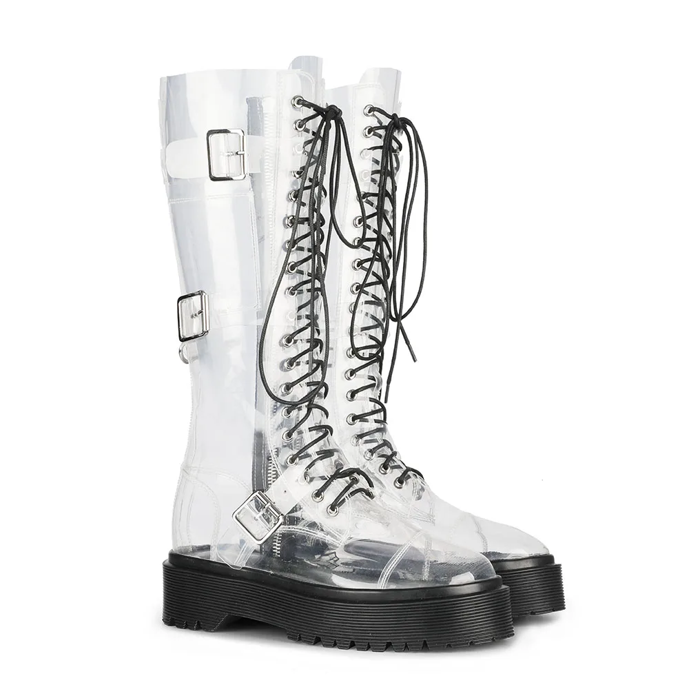 

2020 Thick-soled Knee High Boots Winter Colorful Transparent Pvc Lace-up Long Boots Women's Fashion Leisure Boots With Platform