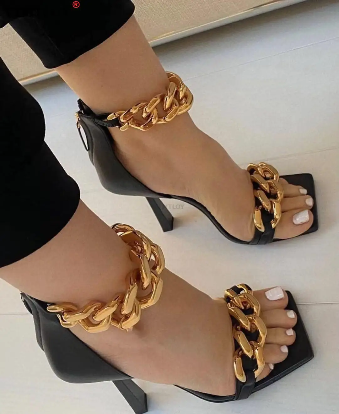 

Black Square Toe Sandals Women Unique Thin High Heels Back Zip Open Toes Metal Chains Decor Runway Sandalias Big Plus Szie 43