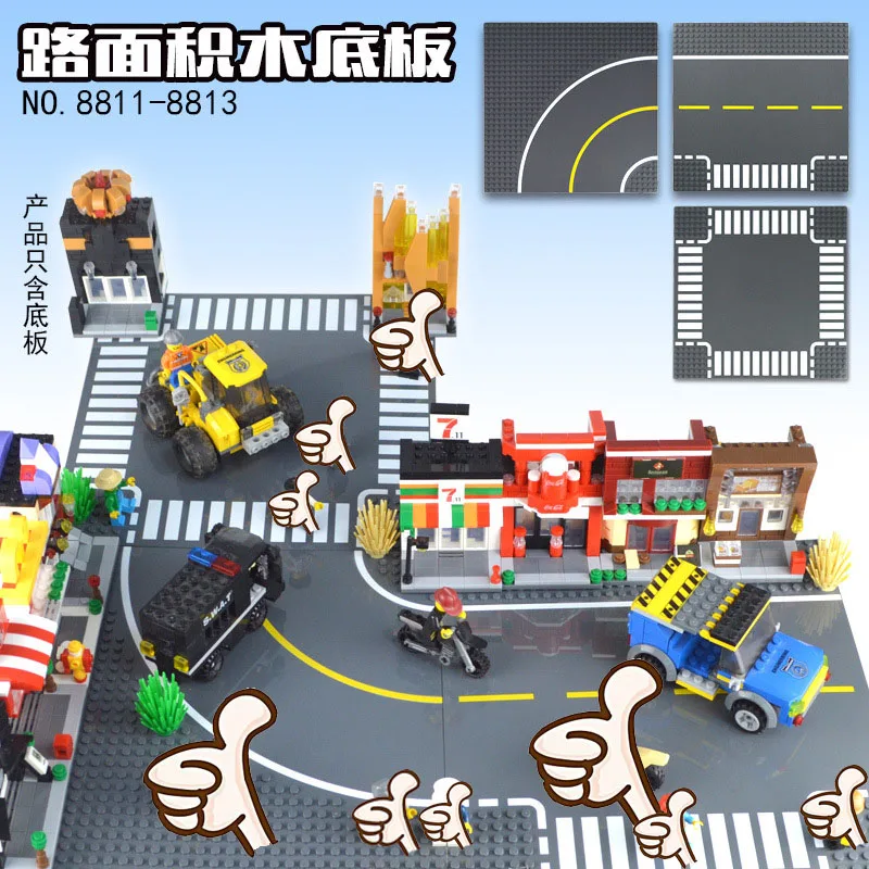Городская дорога набор прямых дорожных плит перекресток кривая Т-образное соединение конструктора зданий 8810 8811 базовая плита совместима с классическими кирпичами.