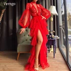 Verngo великолепные красные тюлевые трапециевидные платья в горошек с пышными рукавами 2021, вечерние платья с длинными пышными рукавами, высоким воротником и Боковым Разрезом для выпускного вечера