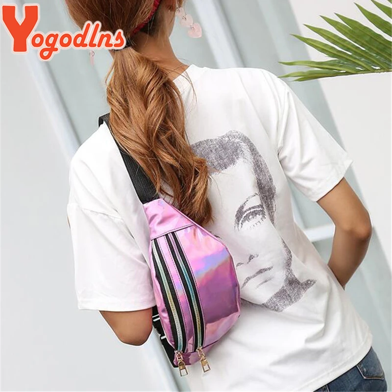 Yogodlns Fashion Glossy Laser Pack with Adjustable Strap Women Sports Crossbody Bag Double Zipper Purse for Girl |
