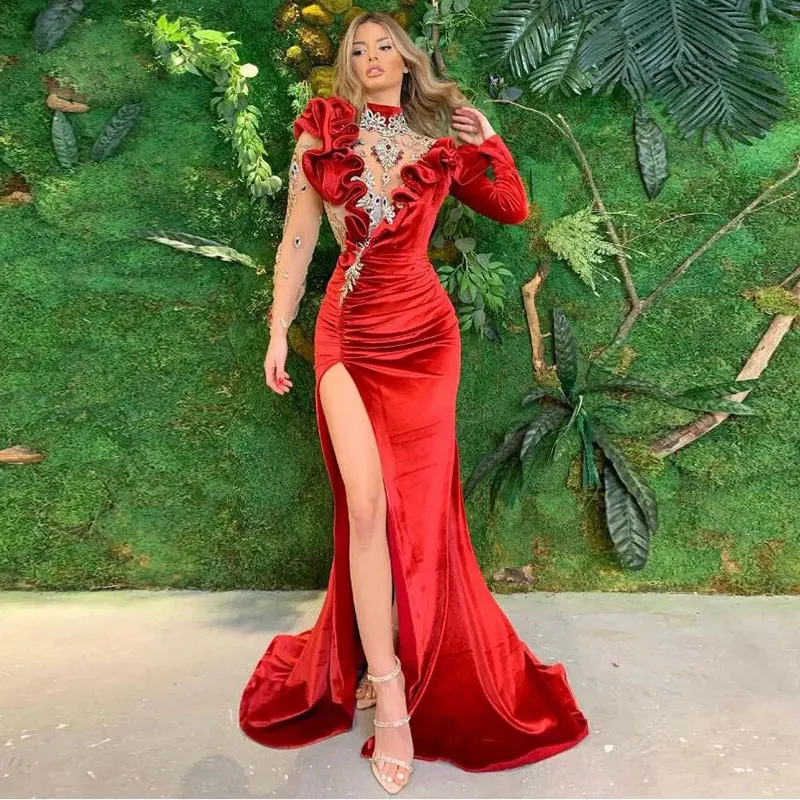 

Red Mermaid / Trumpet High Collar Sweep/Brush Floor length Beading long-sleeved Applique Front/Side Slit Fold Evening Dresses