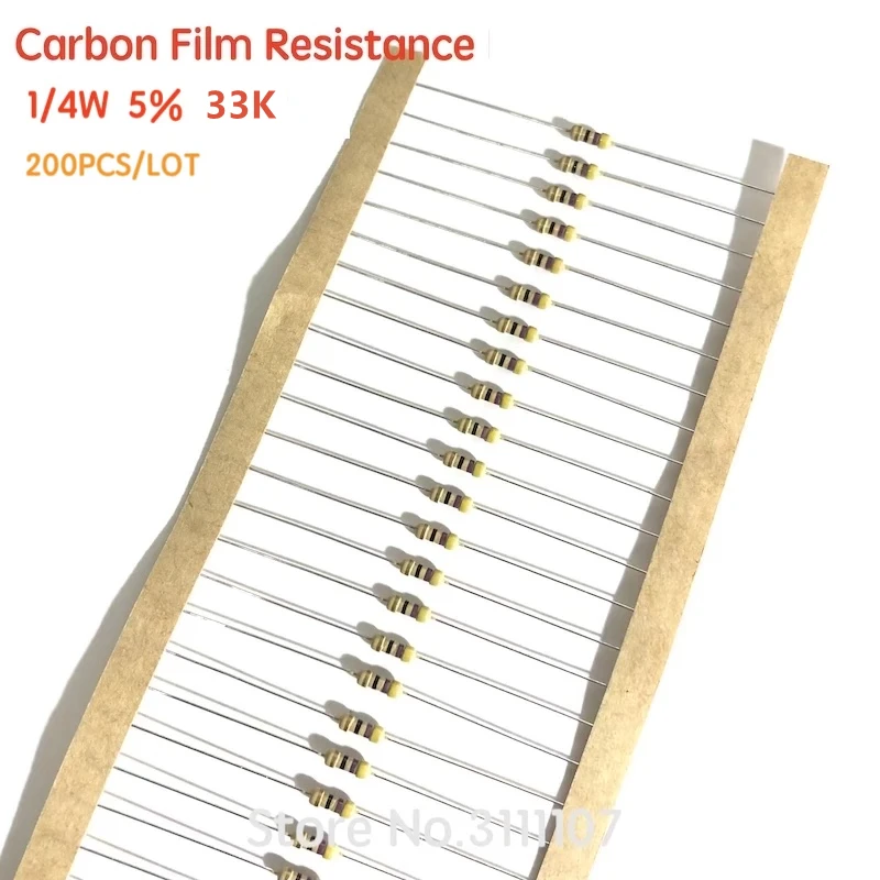 

200PCS/LOT 33K ohm 1/4W Carbon Film Resistors 5% Error Color Ring Resistance 33K Ohm 33KR