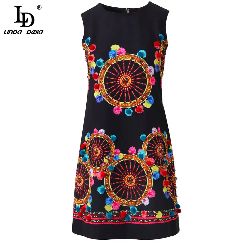 

LD LINDA DELLA Summer Fashion Designer Mini Dress Women Sleeveless Beading Embroidery Print Ladies Vintage Short Dresses vestido