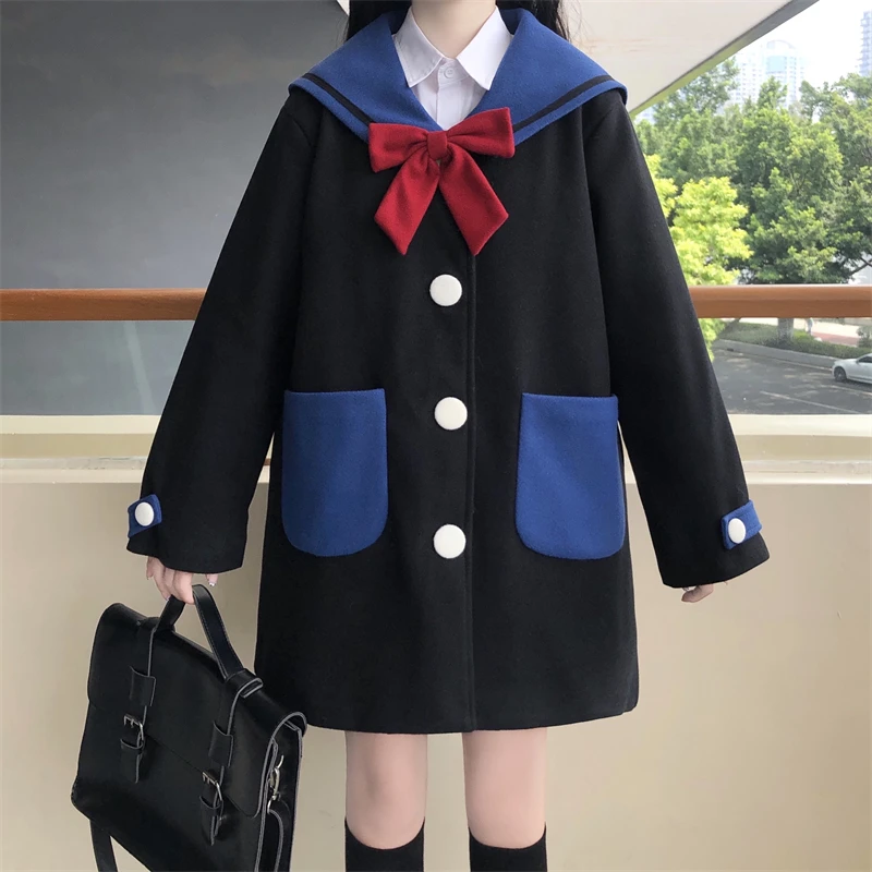 

Kawaii Preppy Style Japanese Winter Coat Sweet Sailor Collar Bow Color Contrast Full Sleeve Loose Straight Woolen Outerweat