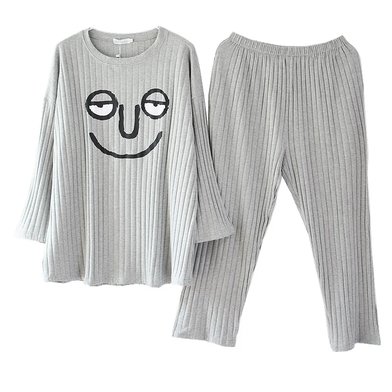 

Spring and Autumn Japanese and Korean Funny Expression Pure Cotton Pajamas Homewear Suit Fat Girl Women's Suit Extra Large Size