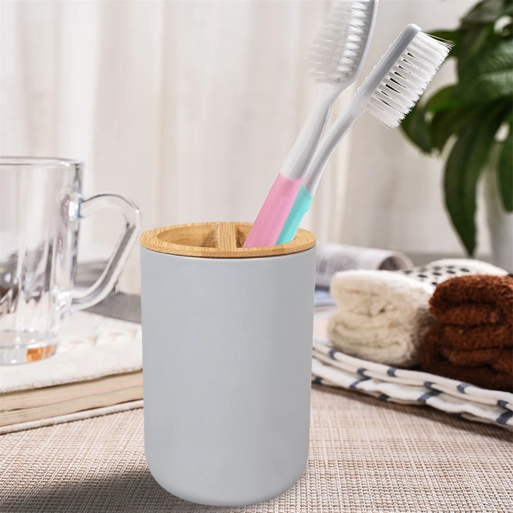 6 piece bamboo wood bathroom solid color simple combination toothbrush cup trash can soap box soap dispenser toiletries free global shipping