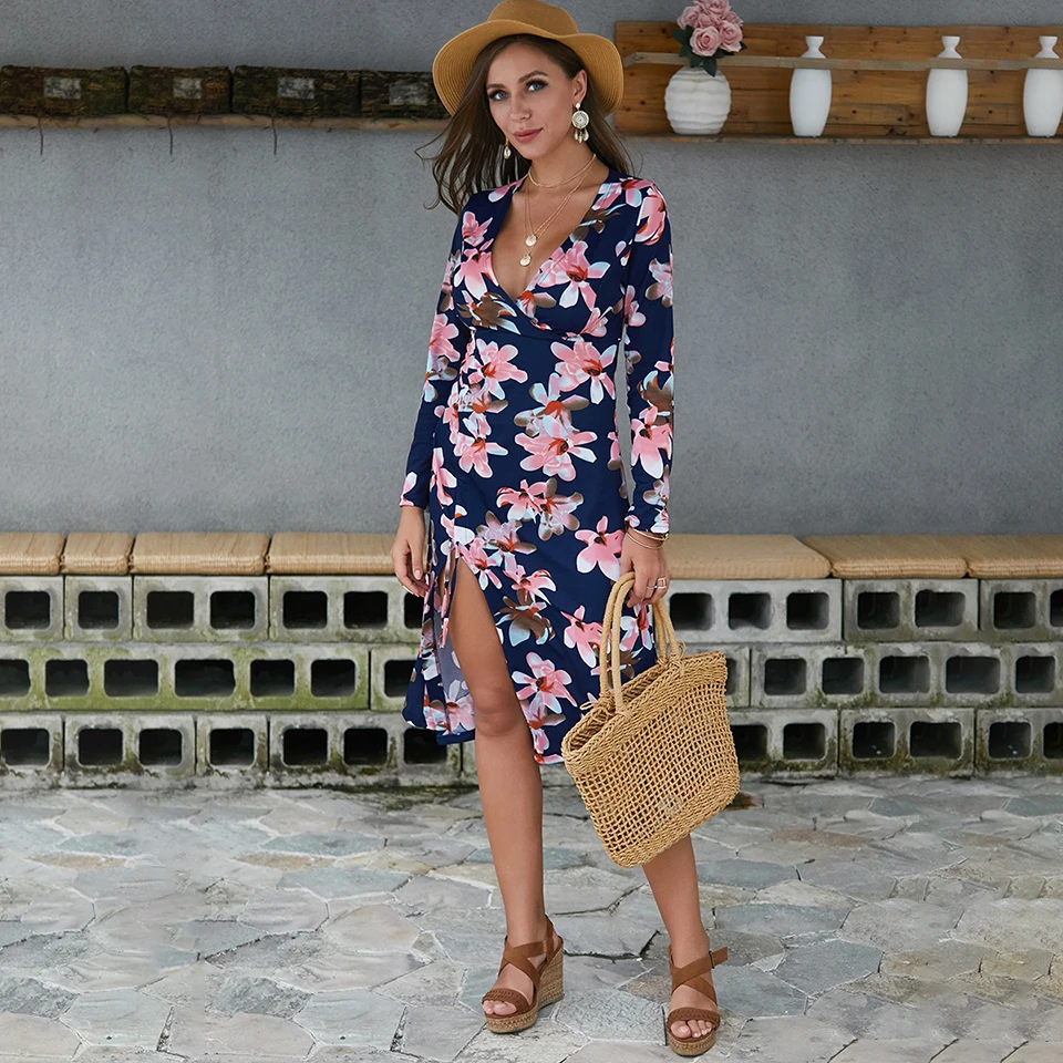 Koodred Women's Fashion Autum Deep V-neck Print Bohemia Sexy Dress Lady Long Sleeves Slim Mid-calf Bandage Split Vantige | Женская