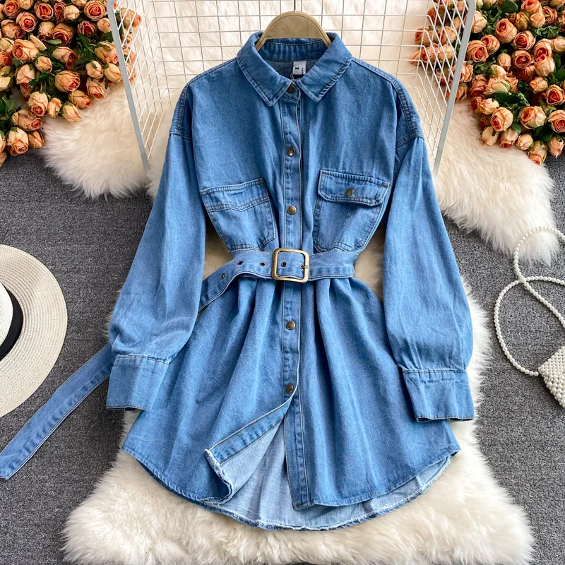 

Girl Long Waistband Fashion Jeans Shirt Dress Women Street Waist Closed Autumn Polo Collar Denim Coat Dress
