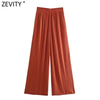 zevity women fashion solid color pleats wide leg pants female chic elastic waist side pockets casual summer long trousers p1142