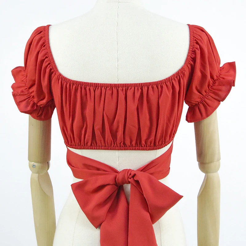 

2020 spring and summer new style wind lantern short-sleeved square V-neck exposed navel back straps pleated solid color short to