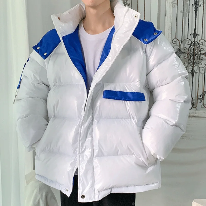 

Модная мужская одежда, блестящая стеганая куртка с цветными блоками, новинка 2021, свободная утепленная Повседневная зимняя куртка большого ...