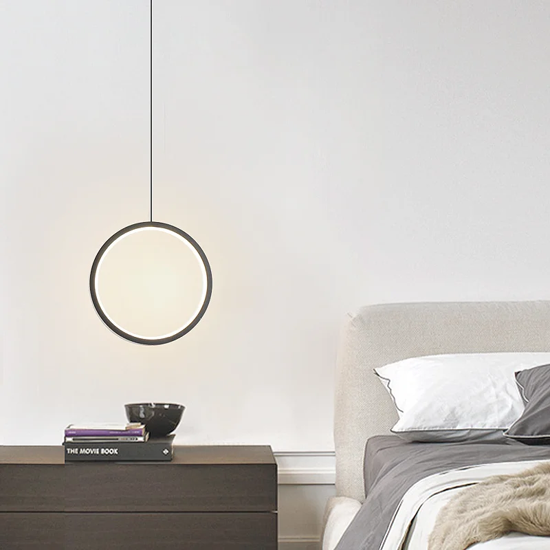 Lámpara colgante de anillo minimalista para sala de estar, luz LED creativa para mesita de noche, decoración del hogar, lámparas colgantes de cocina de línea larga