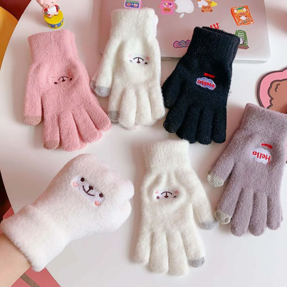 

Richkeda Store New 2021 1Pair Winter Warm Plush Gloves Cute Student Japanese Girl Smile Touch Screen Five Finger Gloves