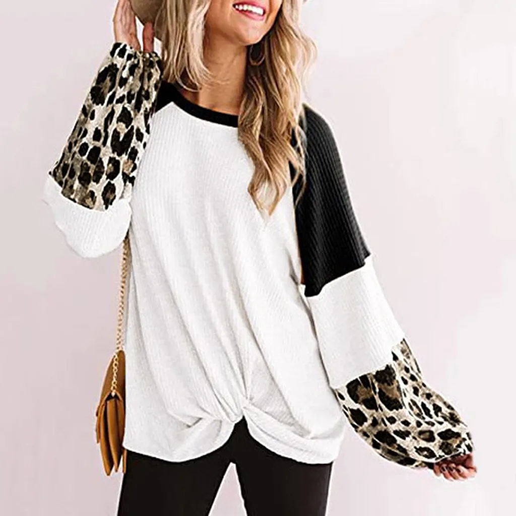 Women's T-shirts Autumn Winter Fashion Ladies Casual Daily O neck Loose Knot Long Sleeve Leopard Stitch Waffle Top Crop Tops | Женская