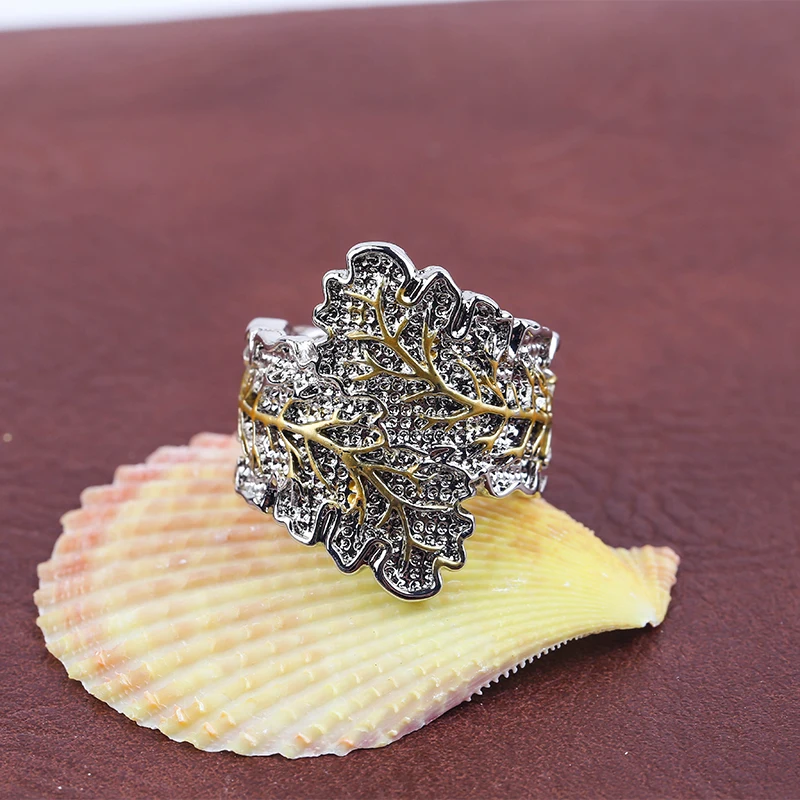 Винтажные открытые кольца с большими листьями для женщин старинные золотистые