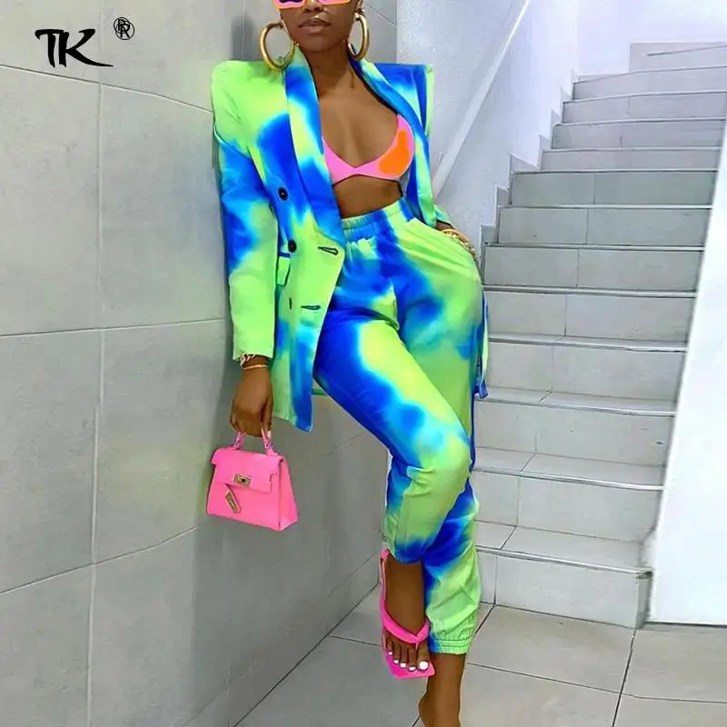 

Women Tie Dye Pant-blazer Suits Turn-down Collar Long Sleeve Blazer High Elastic Waist Pants Slim Female 2 Piece Set Autumn 2021